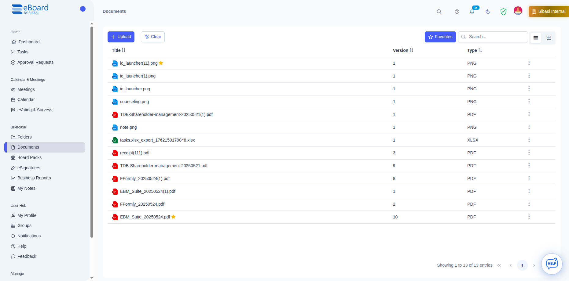 eBoard document repository showing version control, permissions, and board pack builder