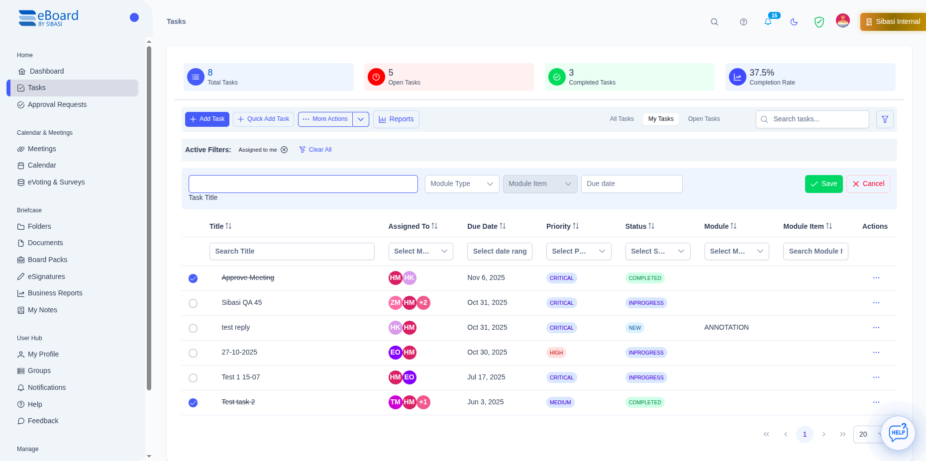 eBoard task management dashboard showing action items, priorities, and completion status